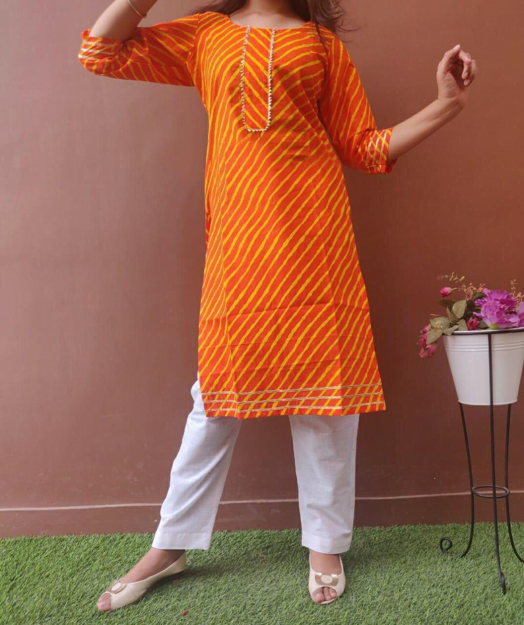 Orange ajrakh-style intricately printed half-sleeve cotton straight-cut  kurti